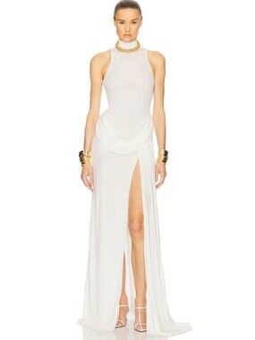 Helsa The Ophelia High-Neck White Draped Maxi Dress with Thigh Slit